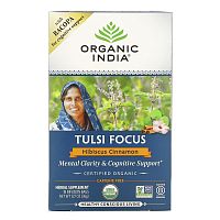Organic India, Tulsi Focus с бакопой, гибискусом и корицей, без кофеина, 18 пакетиков для настоя, 36 г (1,27 унции)