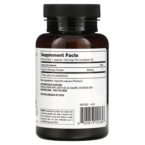 Sunfood, Moringa Capsules, 600 mg, 90 Capsules фото 2