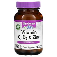 Bluebonnet Nutrition, витамины C, D3 и цинк, 50 растительных капсул