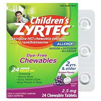 Zyrtec, Children&#x27;s Allergy, Dye-Free Chewable, 2+ Years, Grape, 2.5 mg, 24 Chewable Tablets