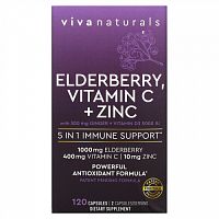 Viva Naturals, Elderberry, витамин C и цинк, поддержка иммунитета 5 в 1, 120 капсул