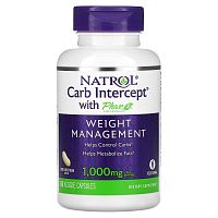 Natrol, Carb Interept, с регулятором углеводов фазы 2, 1000 мг, 60 растительных капсул (500 мг в 1 капсуле)