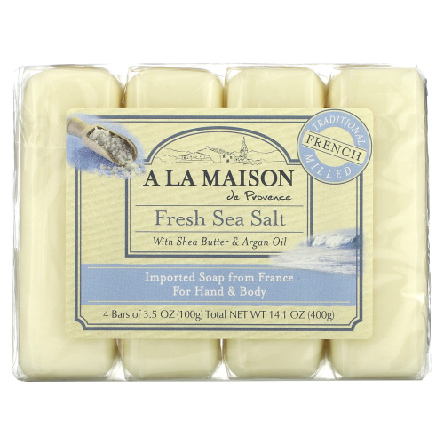 A La Maison de Provence, мыло для рук и тела, морская соль, 4 бруска по 100 г (3,5 унции) каждый