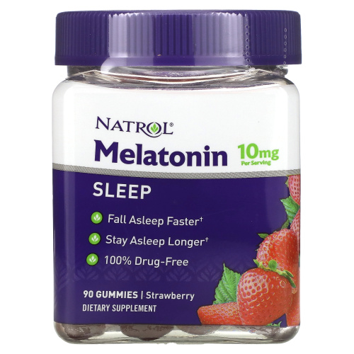 Natrol, мелатонин, со вкусом клубники, 10 мг, 90 жевательных таблеток (5 мг в 1 таблетке)