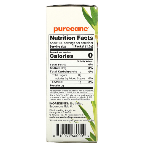 Purecane, Бескалорийное сладкое, 100 пакетиков по 1,3 г фото 2